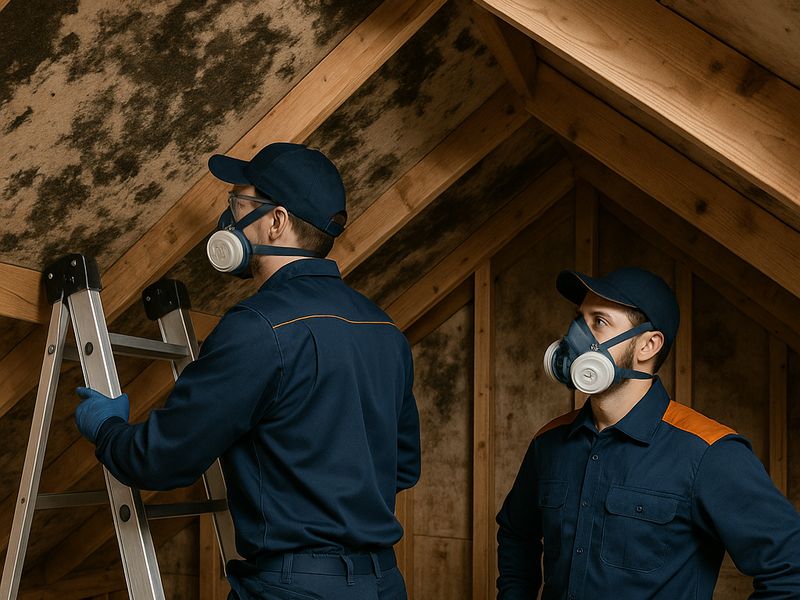 Crew in protective gear working in an attic